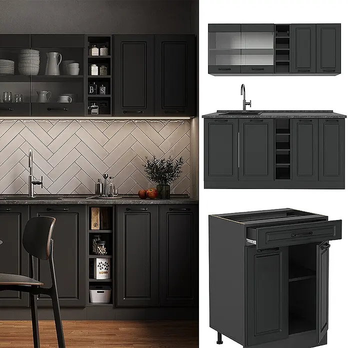 Vicco Singleküche R-Line Anthrazit Landhaus/Anthrazit, AP Eiche - Breite: 160 cm, Anthrazit Landhaus, Mit AP Eiche - Dunkelgraue Shaker-Küchenschränke mit Regalen und Glastüren, in moderner Küche und als Einzelteile gezeigt.