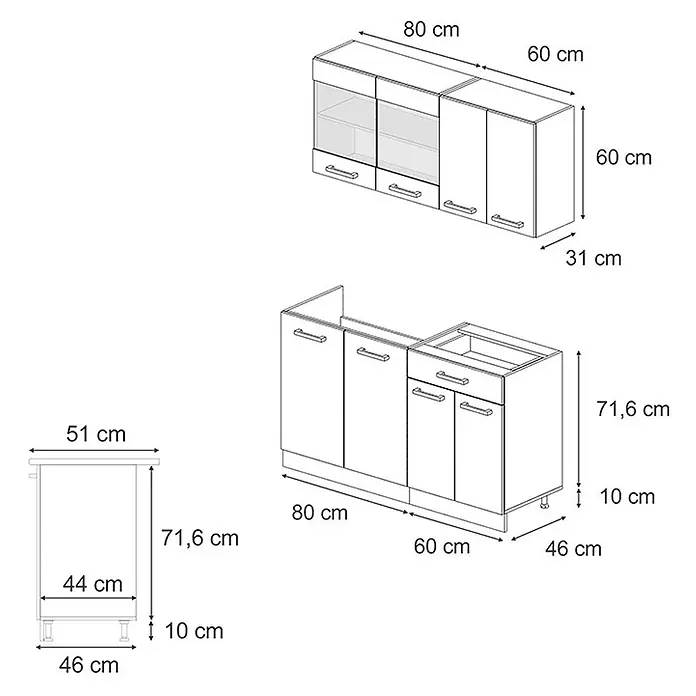 Vicco Singleküche R-Line Beton/Goldkraft Eiche, AP Eiche - Breite: 140 cm, Beton, Mit AP Eiche - Strichzeichnung eines modularen Küchenschranks-Sets mit Ober- und Unterschränken, Maße. Zeigt Hängeschränke mit Glasfronten und einen Unterschrank mit Spülbeckenausschnitt.