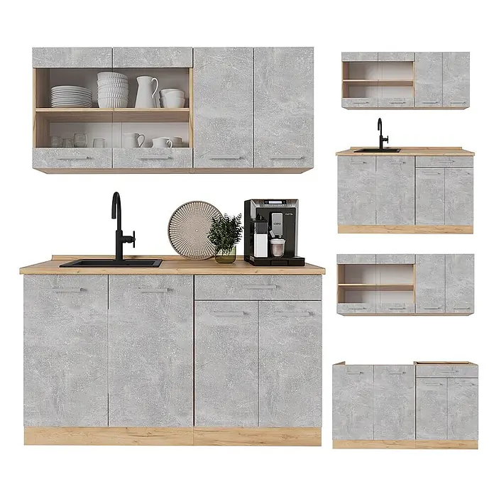 Vicco Singleküche R-Line Beton/Goldkraft Eiche, AP Eiche - Breite: 140 cm, Beton, Mit AP Eiche - Modulare Küchenzeile in Betonoptik Grau mit hellen Holzdetails und Arbeitsplatte, inklusive Ober- und Unterschränken.