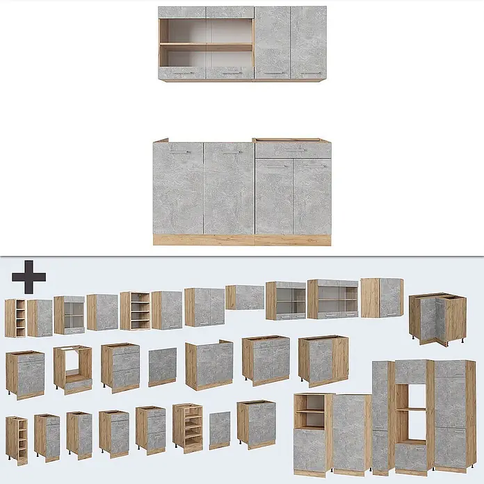 Vicco Singleküche R-Line Beton/Goldkraft Eiche, AP Eiche - Breite: 140 cm, Beton, Mit AP Eiche - Modulare Küchenschränke: hellgraue Betonoptik-Fronten, helle Holzakzente. Komplettset und Einzelmodule.