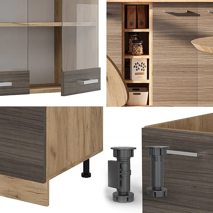 Vicco Singleküche R-Line Edelgrau/Goldkraft Eiche, AP Eiche - Breite: 160 cm, Edelgrau, Mit AP Eiche - Modulare Küchenelemente mit heller und dunkler Holzmaserung, Glastüren, silbernen Griffen und schwarzen verstellbaren Füßen.