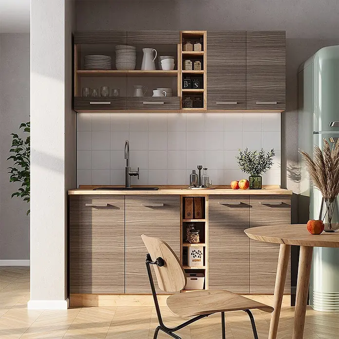 Vicco Singleküche R-Line Edelgrau/Goldkraft Eiche, AP Eiche - Breite: 160 cm, Edelgrau, Mit AP Eiche - Moderne Küchenzeile mit graubraunen Holzoptikschränken, heller Holz-Arbeitsplatte und weißem Fliesenspiegel. Mit integrierter Spüle und offenen Regalen.