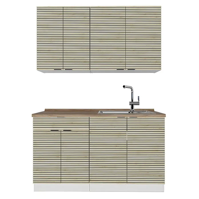 Vicco Singleküche Fame-Line Eiche Paneel/Weiß, AP Eiche - Breite: 140 cm, Eiche Paneel, Mit AP Eiche - Moderne Küchenschränke in heller Holzlamellenoptik mit Holzarbeitsplatte, integrierter Spüle und Chromarmatur.