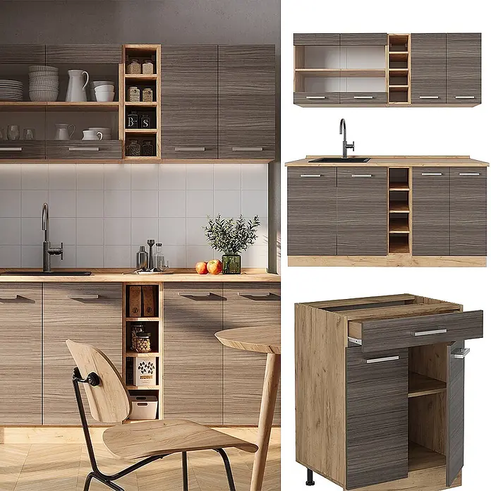 Vicco Singleküche R-Line Edelgrau/Goldkraft Eiche, AP Eiche - Breite: 160 cm, Edelgrau, Mit AP Eiche - Moderne Küchenschränke in dunkler Holzoptik mit hellen Arbeitsplatten und offenen Regalen, inklusive Ober- und Unterschränken sowie Spülbecken.