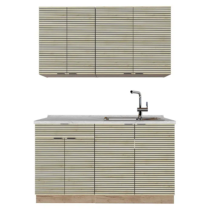 Vicco Singleküche Fame-Line Eiche Paneel/Goldkraft Eiche, AP Eiche - Breite: 140 cm, Eiche Paneel, Mit AP Eiche - Helle Holzlamellen-Küchenschränke mit weißer Arbeitsplatte und integrierter Spüle und Wasserhahn.