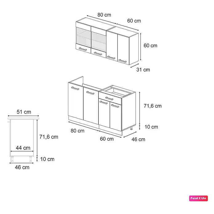 Vicco Singleküche R-Line Goldkraft Eiche/Weiß AP Marmor - Goldkraft Eiche, Mit AP Marmor - Technisches Diagramm weißer Küchenschränke, inklusive Ober- und Unterschränken mit detaillierten Maßen.