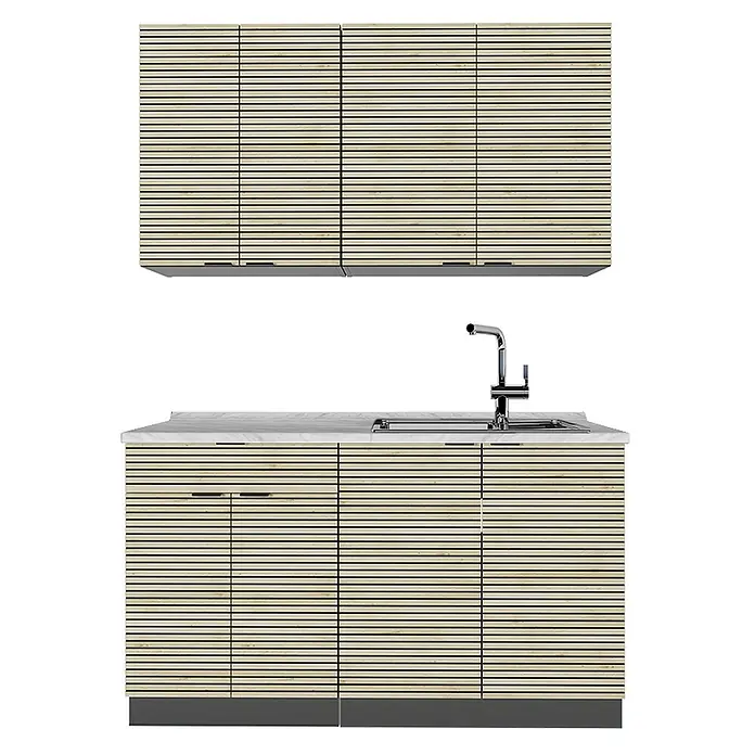 Vicco Singleküche Fame-Line Eiche Paneel/Anthrazit, AP Marmor - Breite: 140 cm, Eiche Paneel, Mit AP Marmor - Helle Lamellen-Ober- und Unterschränke aus Holz mit integrierter Spüle und Wasserhahn, heller Arbeitsplatte und dunklem Sockel.
