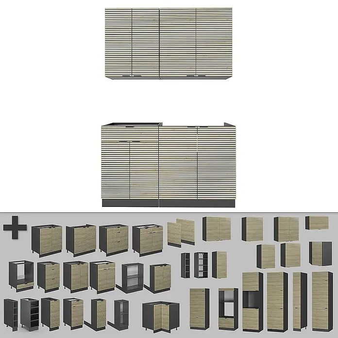 Vicco Singleküche Fame-Line Eiche Paneel/Anthrazit, AP Marmor - Breite: 140 cm, Eiche Paneel, Mit AP Marmor - Modulares Küchenschranksystem mit hellen Holzlamellenfronten und dunkelgrauen Rahmen, in verschiedenen Konfigurationen.