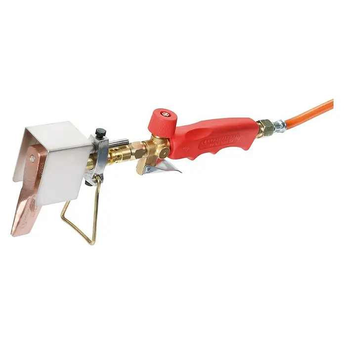 Rothenberger Industrial Set de soldadura de canalones - 250 °C, Resistente al viento - La imagen muestra una pistola de soldar con mango rojo, conexión de latón y manguera naranja, diseñada para tareas de soldadura precisas.