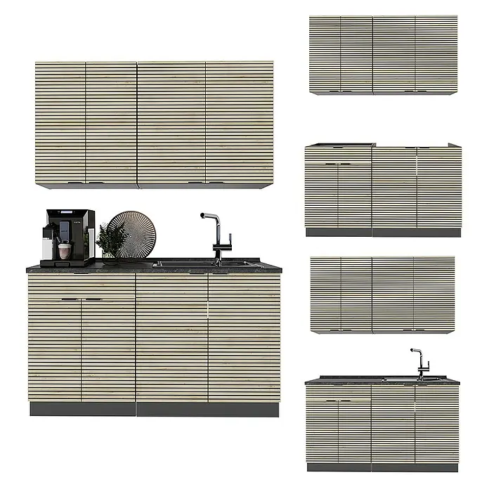 Vicco Singleküche Fame-Line Eiche Paneel/Anthrazit, AP Marmor - Breite: 140 cm, Eiche Paneel, Mit AP Marmor - Küchenschränke und Spülenunterschrank mit Holzlamellen und dunkler Arbeitsplatte, verschiedene Ansichten.