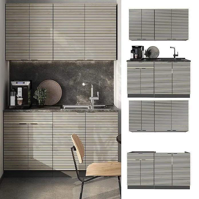 Vicco Singleküche Fame-Line Eiche Paneel/Anthrazit, AP Marmor - Breite: 140 cm, Eiche Paneel, Mit AP Marmor - Helle Küchenschränke in Holzoptik mit horizontalen Lamellentüren, als Ober- und Unterschränke in einer modernen Küchenzeile.