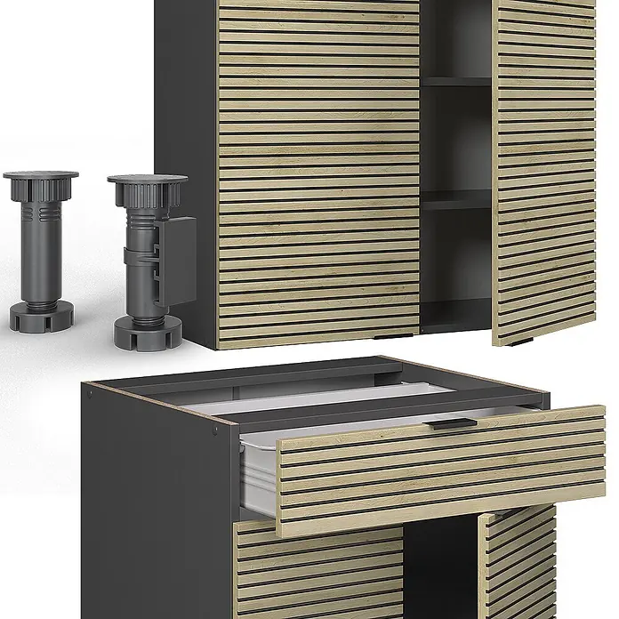 Vicco Singleküche Fame-Line Eiche Paneel/Anthrazit, AP Marmor - Breite: 140 cm, Eiche Paneel, Mit AP Marmor - Modulares dunkelgraues Schrank mit hellen Holzlamellentüren und Schublade, gezeigt mit verstellbaren Füßen.