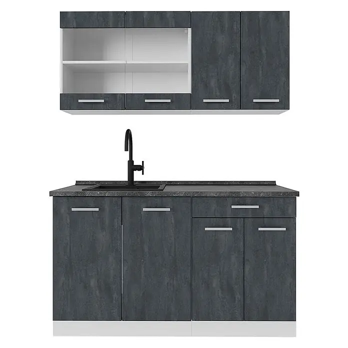Vicco Singleküche R-Line, Schwarz Beton, 140 cm -  - Dunkelgraue, strukturierte Küchenschrankkombination mit weißen Akzenten, integrierter schwarzer Spüle und Armatur.