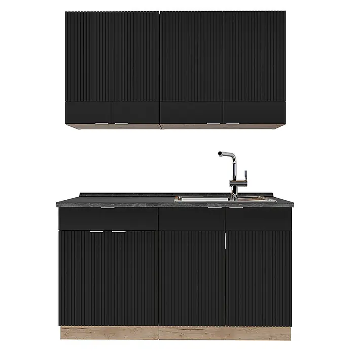Vicco Singleküche Fame-Line Schwarz gestreift/Goldkraft Eiche, AP Anthrazit - Breite: 140 cm, Schwarz gestreift, Mit AP Anthrazit - Schwarzes geripptes Küchenschrank-Set mit dunkler Arbeitsplatte, Spüle und Wasserhahn. Mit Ober- und Unterschränken auf Holzsockel.