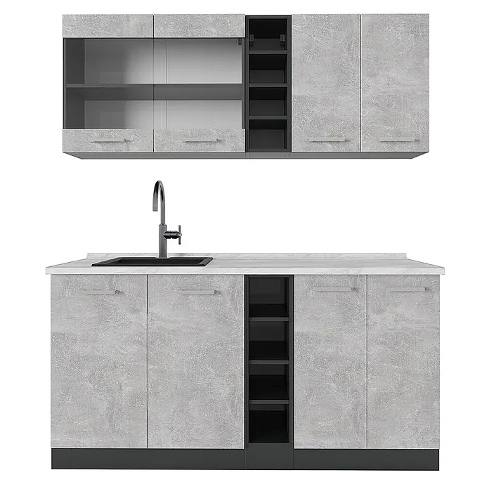Vicco Singleküche R-Line Beton/Anthrazit, AP Marmor - Breite: 160 cm, Beton, Mit AP Marmor - Helles Küchenschrank-Set in Betonoptik mit dunklen Akzenten, Ober- und Unterschränken, Spüle und offenen Regalen.