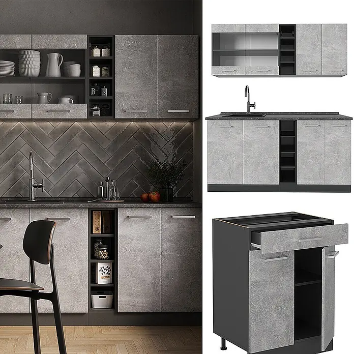 Vicco Singleküche R-Line Beton/Anthrazit, AP Marmor - Breite: 160 cm, Beton, Mit AP Marmor - Moderne modulare Küchenschränke in Betonoptik Grau mit dunklen Akzenten und integrierten Ablagen, in einer modernen Küche.
