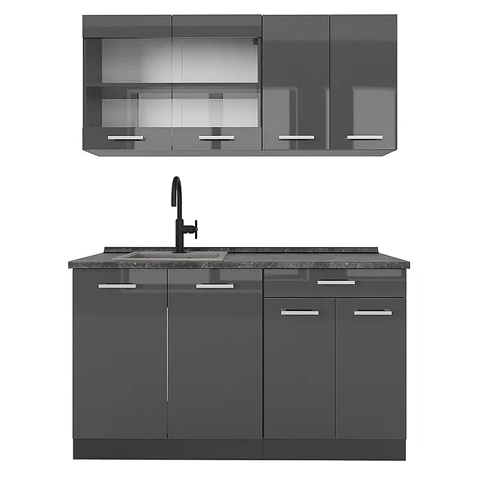 Vicco Singleküche R-Line Anthrazit Hochglanz/Anthrazit, AP Anthrazit - Breite: 140 cm, Anthrazit Hochglanz, Mit AP Anthrazit - Glänzendes graues Küchenschrank-Set mit Spüle, Armatur und dunkler Arbeitsplatte. Einige Oberschränke haben Glasfronten.