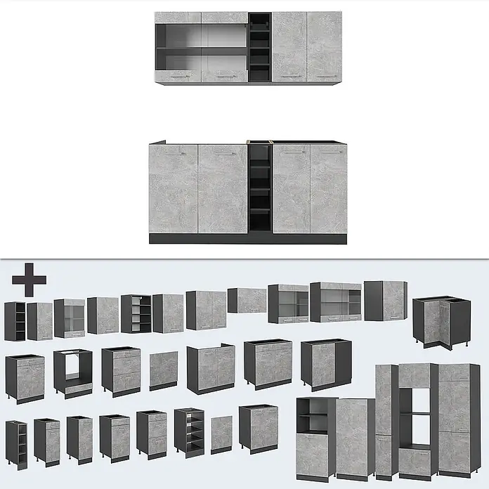 Vicco Singleküche R-Line Beton/Anthrazit, AP Marmor - Breite: 160 cm, Beton, Mit AP Marmor - Modulare Küchenschränke in Betonoptik Grau mit dunkelgrauen Rahmen, verschiedene Schranktypen zur individuellen Gestaltung.