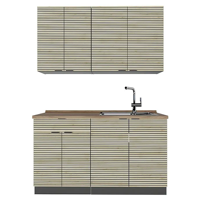 Vicco Singleküche Fame-Line Eiche Paneel/Anthrazit, AP Eiche - Breite: 140 cm, Eiche Paneel, Mit AP Eiche - Helle Holzlamellen-Küchenschränke mit Holz-Arbeitsplatte und Spüle.
