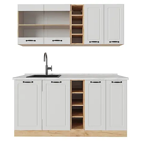 Vicco  Singleküche R-Line Weiß Landhaus/Goldkraft Eiche, AP Marmor