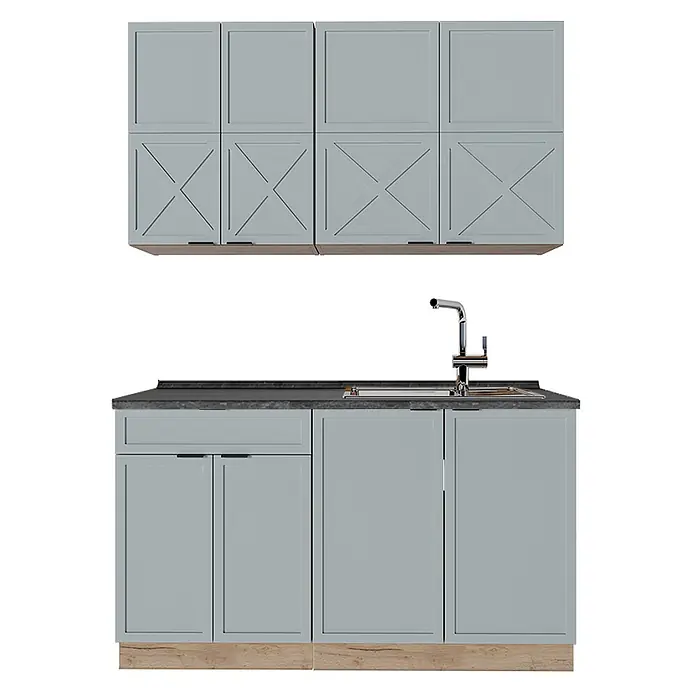 Vicco Singleküche Fame-Line Hellblau-grau/Goldkraft Eiche, AP Anthrazit - Breite: 140 cm, Hellblau-grau, Mit AP Anthrazit - Hellblau-graue Küchenschränke mit dunkler Arbeitsplatte, Chromarmatur und hellem Holzsockel. Obere Schränke haben dekorative Kreuzmuster.