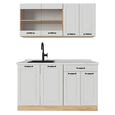 Vicco  Singleküche R-Line Weiß Landhaus/Goldkraft Eiche, AP Marmor