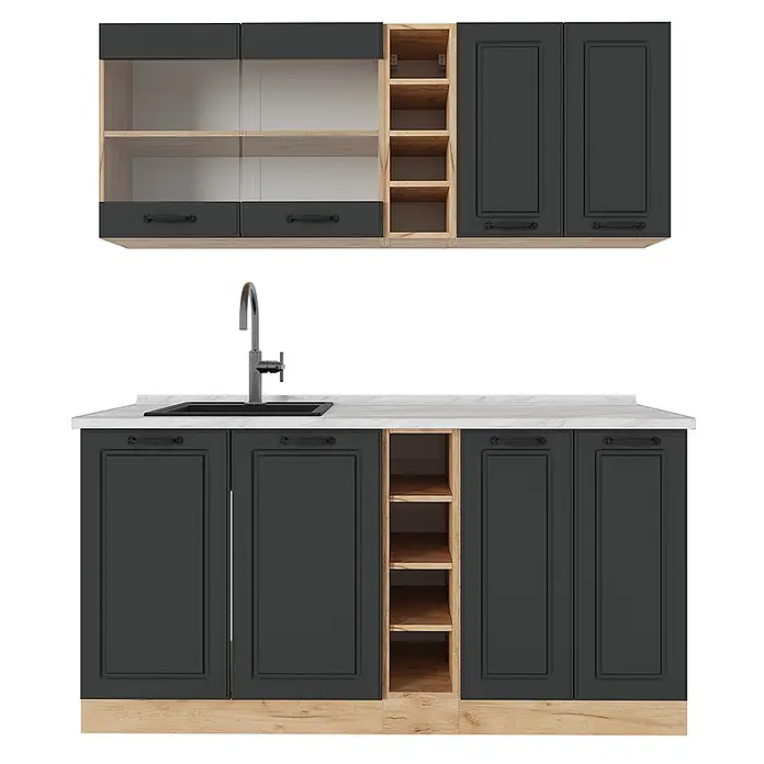 Vicco Singleküche R-Line Anthrazit Landhaus/Goldkraft Eiche, AP Marmor - Breite: 160 cm, Anthrazit Landhaus, Mit AP Marmor - Dunkelgraue Küchenschränke mit hellen Holzdetails, weißer Arbeitsplatte und Spüle. Mit Ober- und Unterschränken samt offenen Regalen.