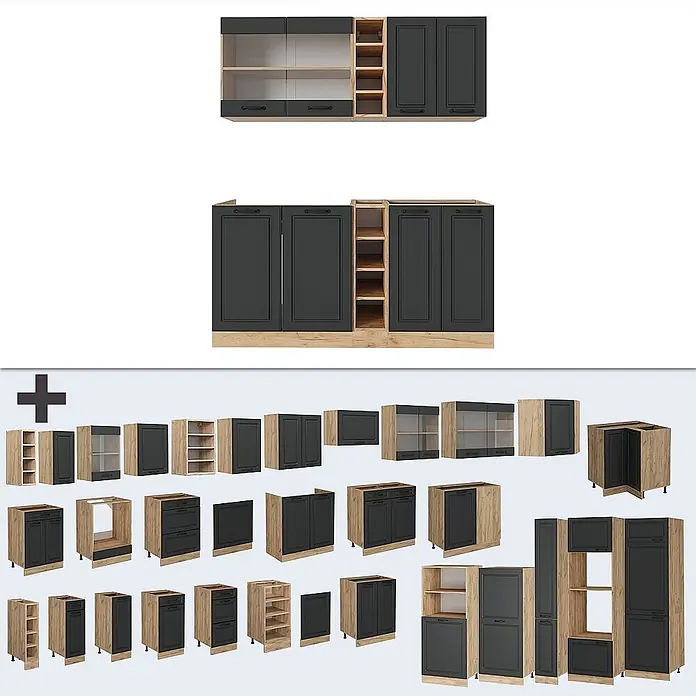 Vicco Singleküche R-Line Anthrazit Landhaus/Goldkraft Eiche, AP Marmor - Breite: 160 cm, Anthrazit Landhaus, Mit AP Marmor - Modulares Küchenschrank-Set mit dunkelgrauen Türen und hellen Holzrahmen, inklusive Wand- und Unterschränken sowie offenen Regalen.