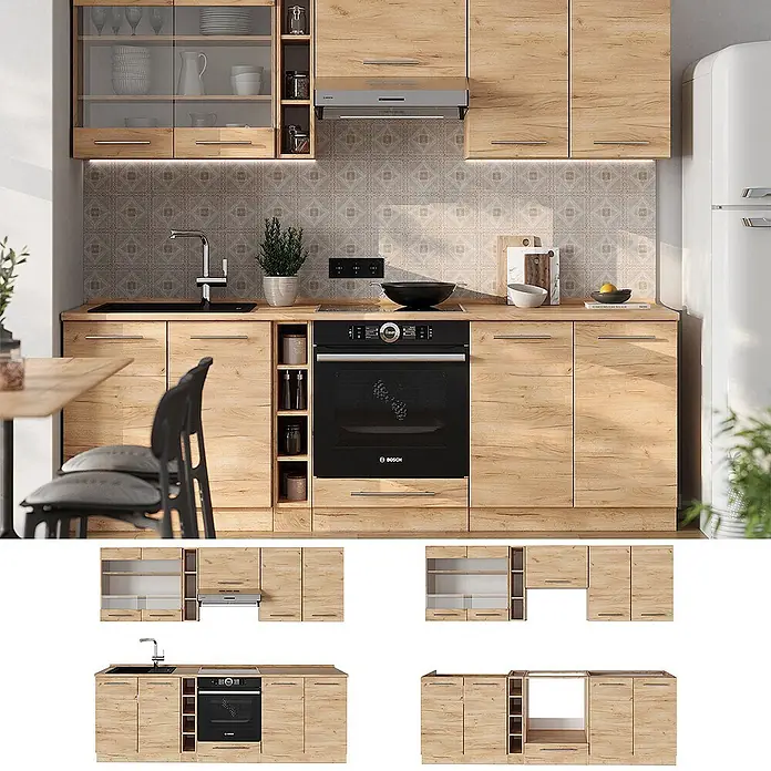 Vicco Küchenzeile Fame-Line Goldkraft Eiche ohne Arbeitsplatte - Goldkraft Eiche, Ohne Elektrogeräte - Moderne Küche mit hellen Eicheneffekt-Schränken, integriertem Backofen und Spüle. Verfügt über obere Glasvitrinen und unteren Stauraum.