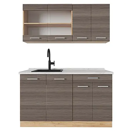 Vicco  Singleküche R-Line Edelgrau/Goldkraft Eiche, AP Marmor
