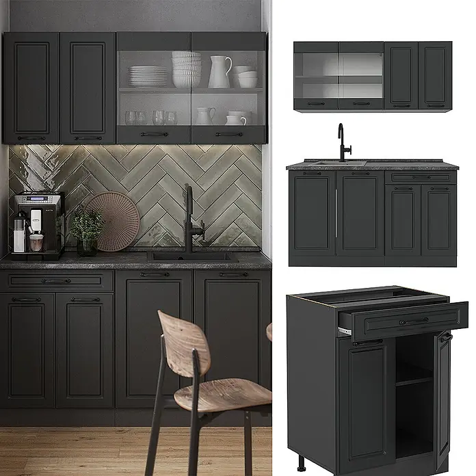 Vicco Singleküche R-Line Anthrazit Landhaus/Anthrazit ohne Arbeitsplatte - Anthrazit Landhaus, Ohne AP - Komplettes dunkelgraues Modulküchenschrank-Set mit Shaker-Türen, oberen Glasschränken und Unterschränken mit Schubladen und Volltüren.