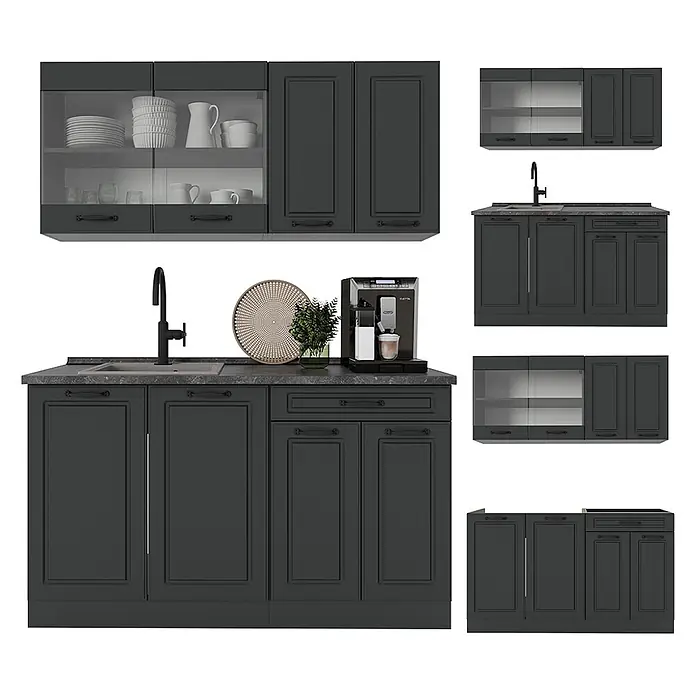 Vicco Singleküche R-Line Anthrazit Landhaus/Anthrazit ohne Arbeitsplatte - Anthrazit Landhaus, Ohne AP - Modulare Küchenschränke in Dunkelgrau mit klassischem Design, inklusive Ober- und Unterschränken, teilweise mit Glas, Spüle und Arbeitsplatte.