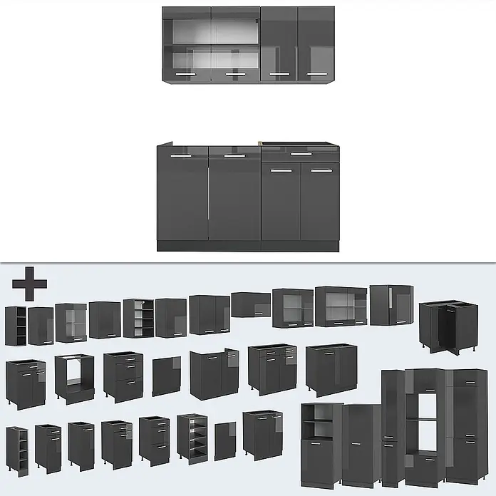 Vicco Singleküche R-Line Anthrazit Hochglanz/Anthrazit ohne Arbeitsplatte - Breite: 140 cm, Anthrazit Hochglanz, Ohne AP - Modulares Küchenschrank-Set in Dunkelgrau Hochglanz, mit Unter-, Ober- und Hochschränken.