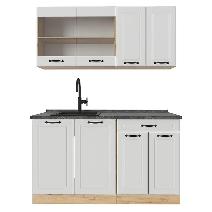 Vicco Singleküche R-Line Weiß Landhaus/Goldkraft Eiche, AP Anthrazit - Breite: 140 cm, Weiß Landhaus, Mit AP Anthrazit - Weiße Küchenschrankgarnitur mit hellen Holzdetails, dunkler Arbeitsplatte und schwarzer Spüle mit Armatur. Mit Hänge- und Unterschränken, Schubladen und Türen.