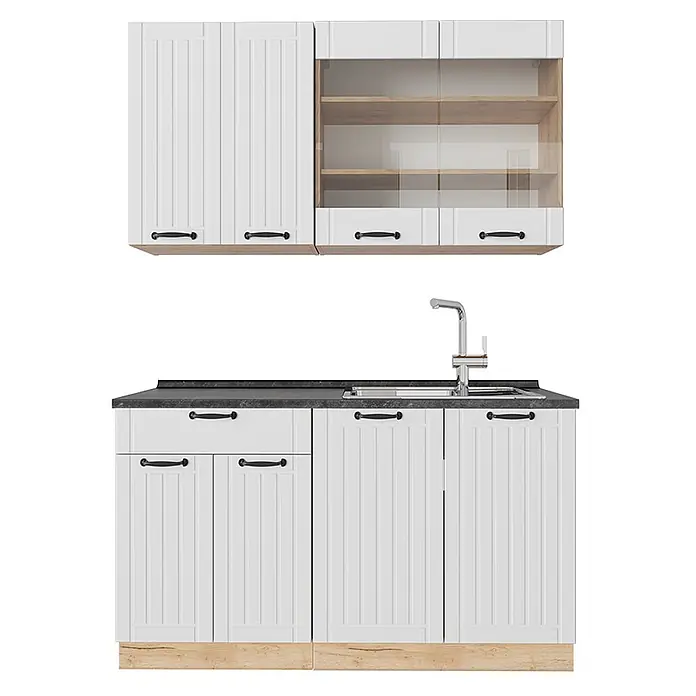 Vicco Singleküche Fame-Line Weiß Landhaus, AP Anthrazit - Breite: 140 cm, Weiß Landhaus, Mit AP Anthrazit - Weiße geriffelte Küchenschränke mit schwarzen Griffen, dunkler Arbeitsplatte, Spüle und Holzsockel. Oberschränke mit Glastüren.