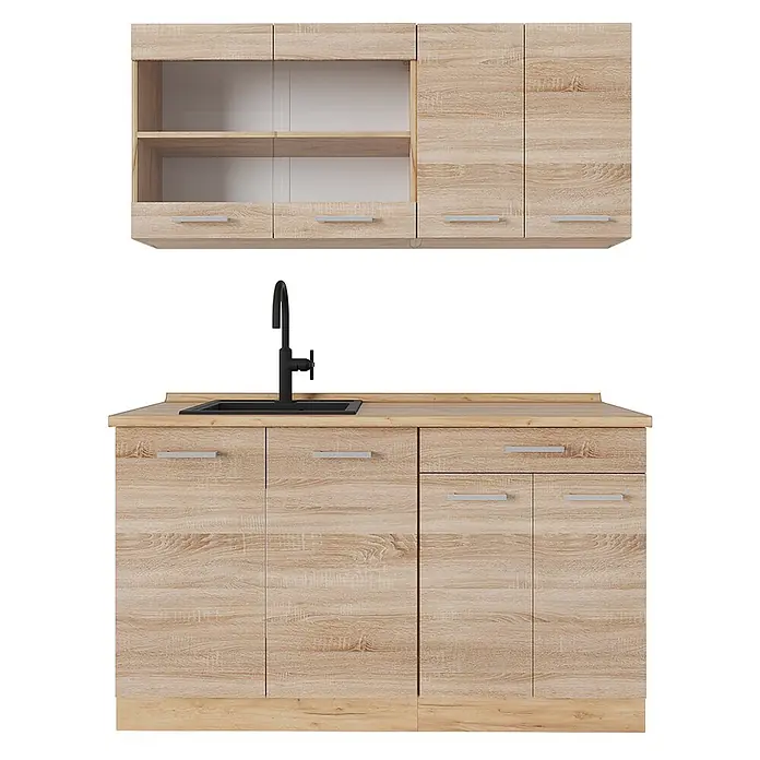 Vicco Singleküche R-Line Sonoma/Goldkraft Eiche ohne Arbeitsplatte - Sonoma, Ohne AP - Küchenset aus heller Eiche: Hängeschränke, Unterschränke mit schwarzer Spüle und Armatur.