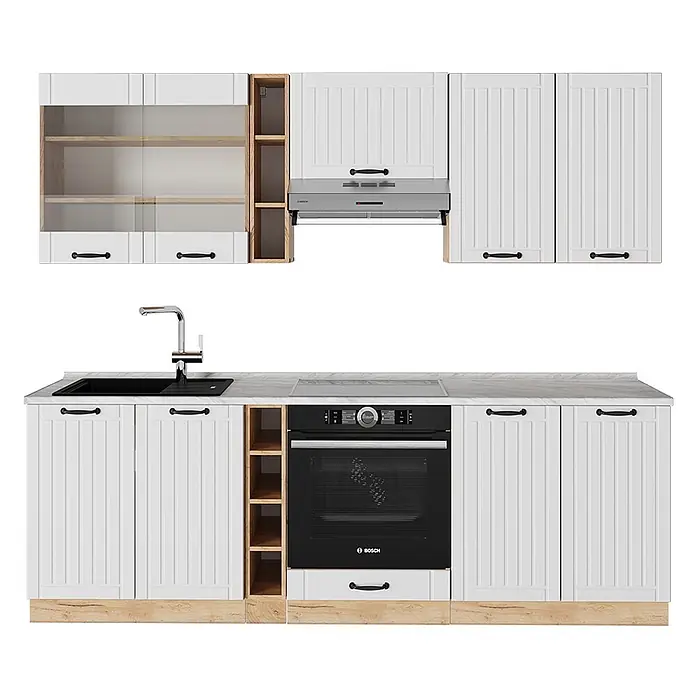 Vicco Küchenzeile Fame-Line Weiß Landhaus, AP Marmor - Breite: 235 cm, Weiß Landhaus, Ohne Elektrogeräte - Weiße Küchenzeile mit Kassettenfronten, schwarzen Griffen und hellen Holzdetails. Mit Spüle, Backofen sowie Ober- und Unterschränken.