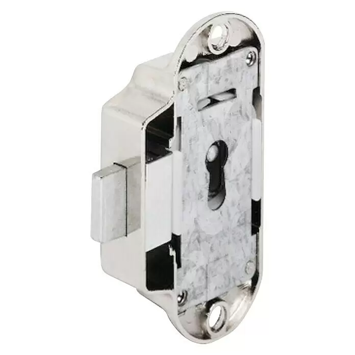 Suki Cerradura para muebles - Apertura según normativa: DIN-derecha, Medida de mandril: 25 mm, Niquelado - Cerradura de armario de metal plateado con ojo de cerradura y cerrojo, para muebles.