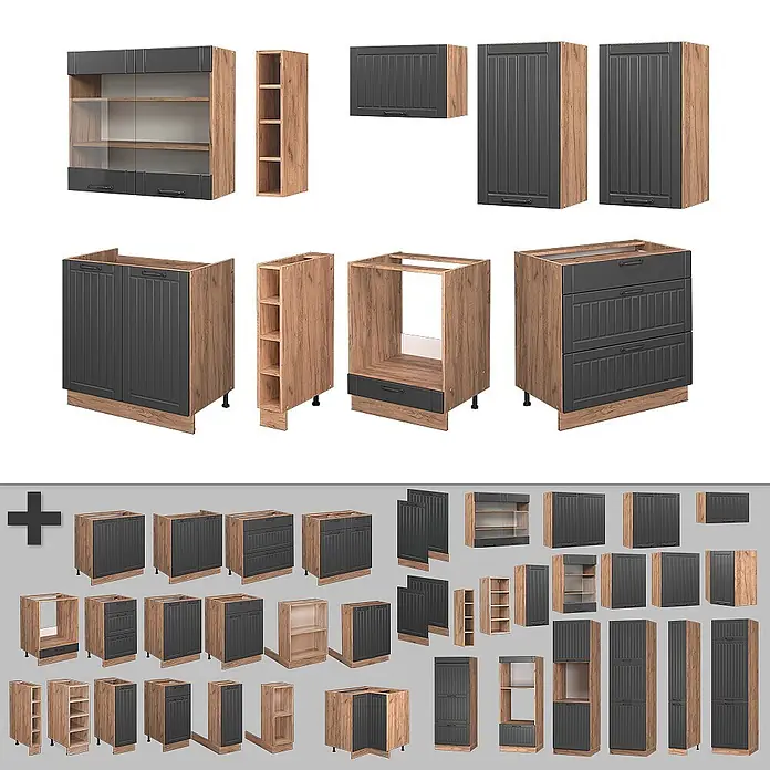 Vicco Küchenzeile Fame-Line Dunkelgrau, AP Eiche - Breite: 235 cm, Dunkelgrau, Ohne Elektrogeräte - Modulares Küchenschranksystem mit Holzoptikrahmen und dunkelgrauen, gerillten Fronten, inklusive Unter-, Ober- und Schubladenschränken.