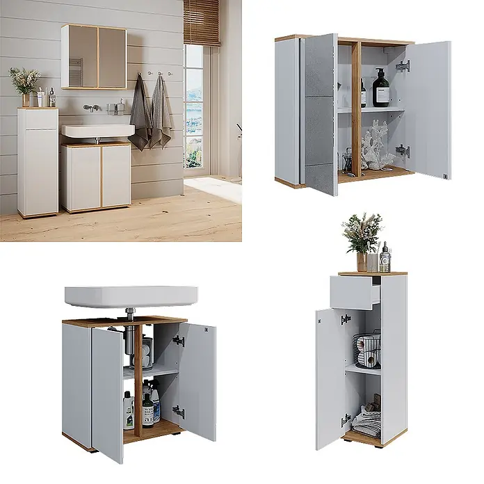 Vicco Badmöbel-Set Didi, Weiß/Artisan-Eiche 60 cm -  - Weißes Badmöbelset mit Eiche-Optik-Akzenten, bestehend aus Spiegelschrank, Waschtischunterschrank und Hochschrank, in modernem Badambiente.