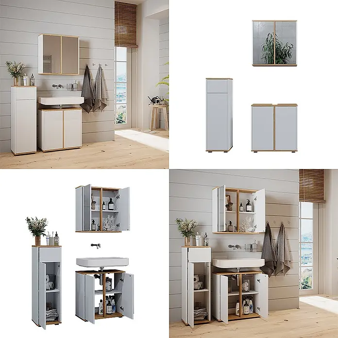 Vicco Badmöbel-Set Didi, Weiß/Artisan-Eiche 60 cm -  - Badmöbel-Set in Hellgrau mit Holzapplikationen, bestehend aus Spiegelschrank, Hochschrank und Unterschrank.