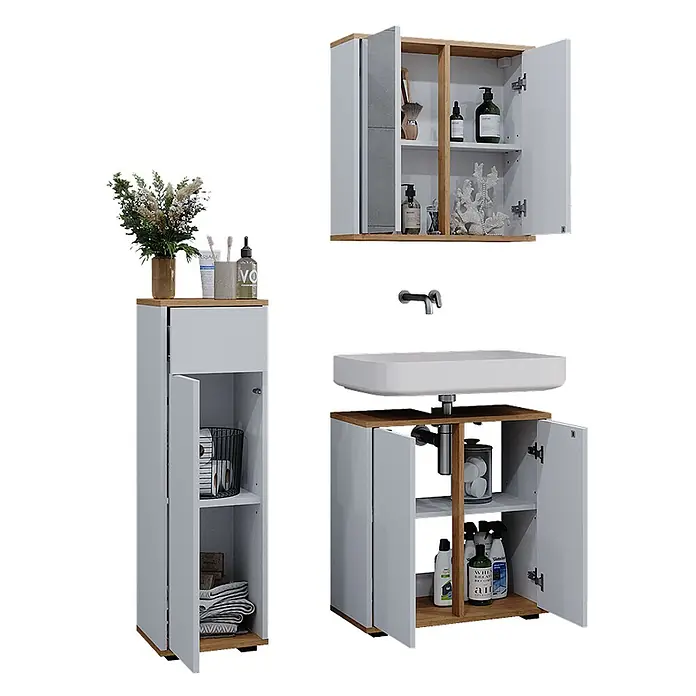 Vicco Badmöbel-Set Didi, Weiß/Artisan-Eiche 60 cm -  - Modernes Badezimmermöbel-Set in Weiß und Holzoptik mit Waschbeckenunterschrank, Hochschrank und Wandschrank.