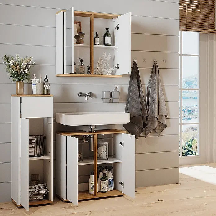 Vicco Badmöbel-Set Didi, Weiß/Artisan-Eiche 60 cm -  - Badmöbel-Set aus weißem und hellem Holz: Wandschrank, Waschtischunterschrank und Hochschrank, in einem modernen Bad.