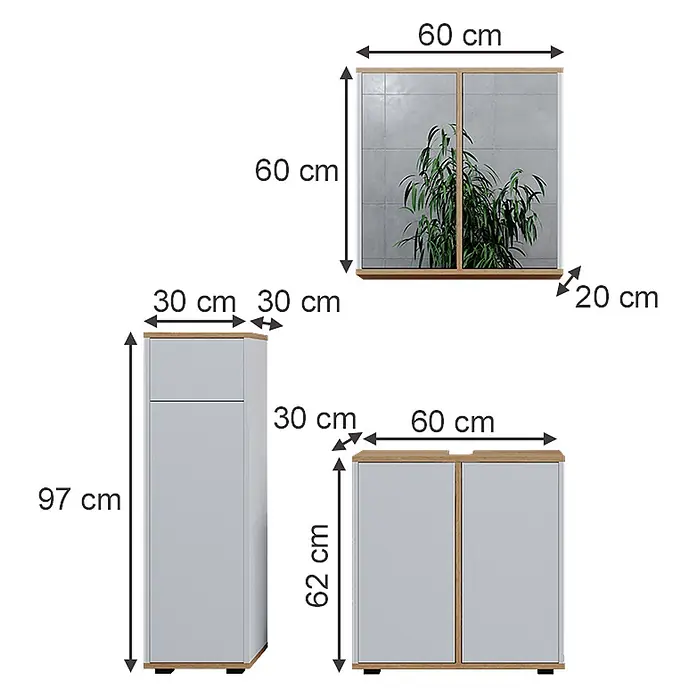 Vicco Badmöbel-Set Didi, Weiß/Artisan-Eiche 60 cm -  - Drei hellgraue Möbelstücke mit Holzoberflächen/Sockeln und Maßen: ein Hochschrank, ein Unterschrank und ein Spiegelschrank.