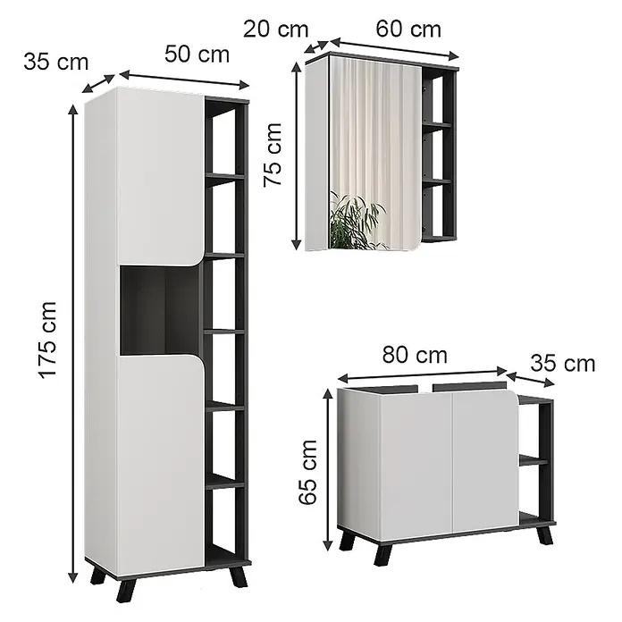 Vicco Badmöbel-Set Karen Anthrazit/Weiß 3 Teile - Anthrazit, Matt - Drei weiß-dunkelgraue Möbelstücke: ein Hochschrank, ein Spiegelschrank und ein Unterschrank, alle mit Regalfächern zur Aufbewahrung.