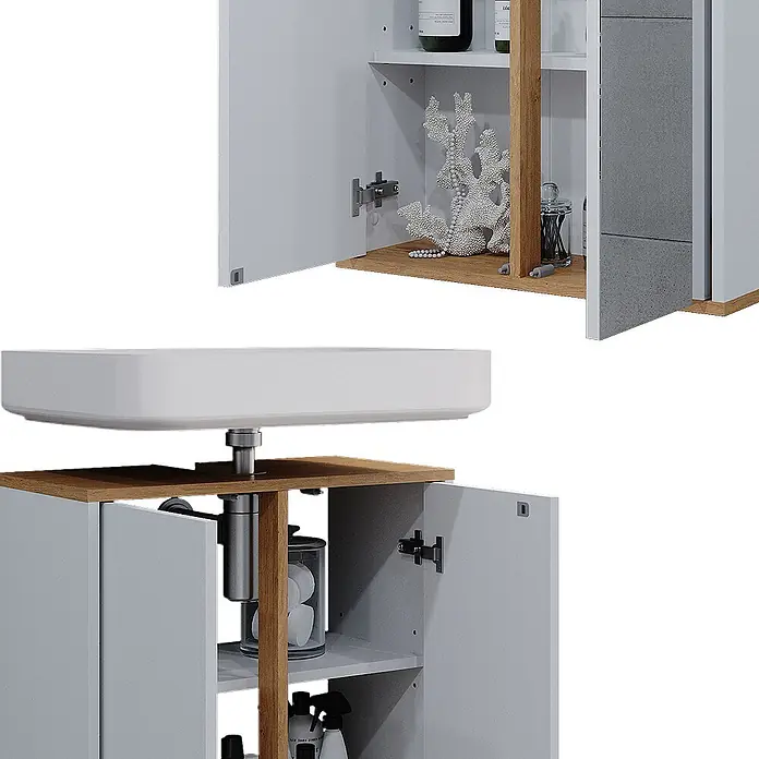 Vicco Badmöbel-Set Didi Weiß/Artisan 2 Teile, Unterschrank 60 cm - Gesamtbreite Badmöbel: 60 cm, Weiß, Matt - Modernes hellgraues Badmöbel-Set mit weißem Waschbecken, offenen Holzregalen und zusätzlichem Stauraum.