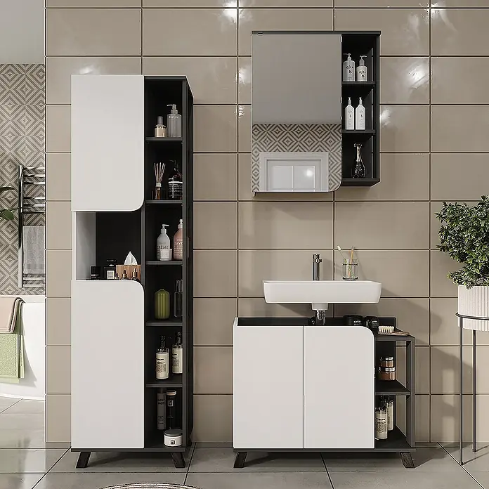 Vicco Badmöbel-Set Karen Anthrazit/Weiß 3 Teile - Anthrazit, Matt - Modernes weiß-dunkelgraues Badmöbel-Set mit Hochschrank, Spiegelschrank und Waschtischunterschrank mit Waschbecken.