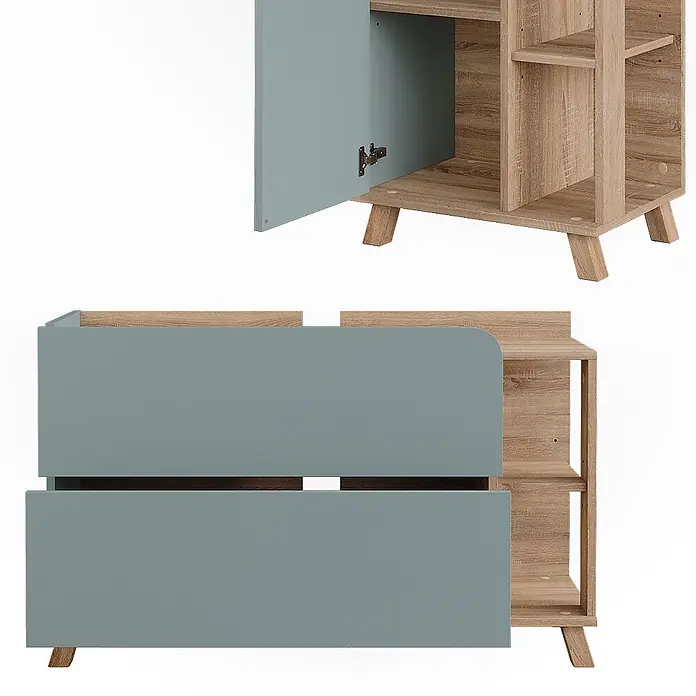 Vicco Badmöbel-Set Karen Sonoma/Blau 3 Teile - Sonoma, Matt - Moderner Stauraumschrank aus hellem Holz mit entenblaugrüner Tür, Regalen und zwei blaugrauen Paneelen auf schrägen Beinen.