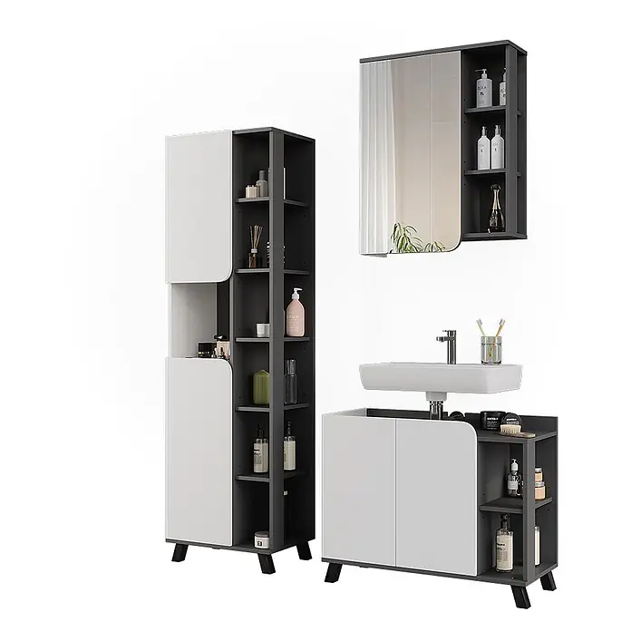 Vicco Badmöbel-Set Karen Anthrazit/Weiß 3 Teile - Anthrazit, Matt - Dunkelgrau-weißes Badmöbelset mit Hochschrank, Spiegelschrank und Waschtischunterschrank.