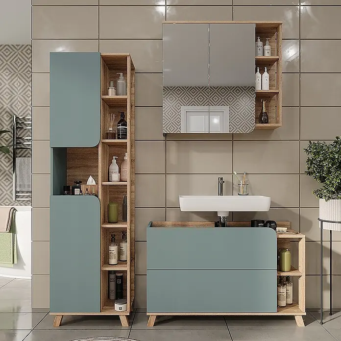 Vicco Badmöbel-Set Karen Sonoma/Blau 3 Teile - Sonoma, Matt - Modernes Badezimmermöbel-Set mit staubblauen Fronten und hellen Holzrahmen, bestehend aus Waschtisch, Hochschrank und Spiegelschrank.